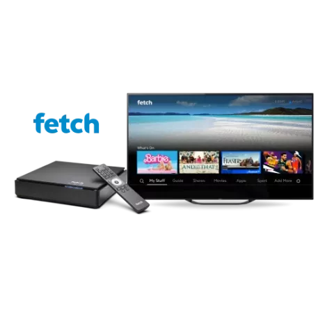 A Fetch set-top box and the Fetch home screen displayed on a TV.
