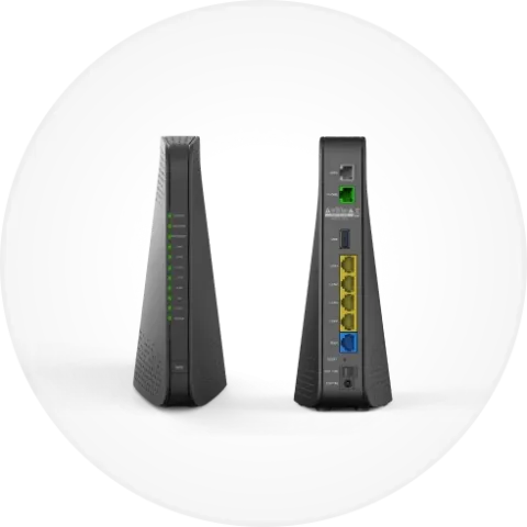 A front and back view of the Kaon DG2144 modem.